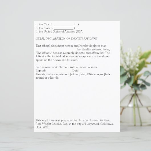 Legal Declaration of Identification Affidavit (Standing Front)