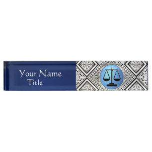 LEGAL OFFICE, ATTORNEY BLUE BLACK WHITE DAMASK DESK NAME PLATE