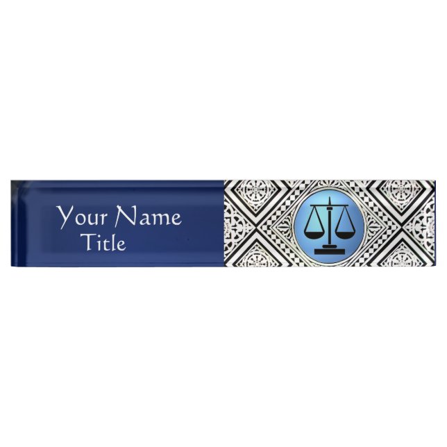 LEGAL OFFICE, ATTORNEY BLUE BLACK WHITE DAMASK DESK NAME PLATE (Front)