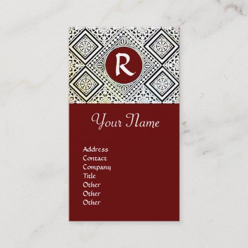 LEGAL OFFICE ATTORNEY DAMASK Monogram red Business Card