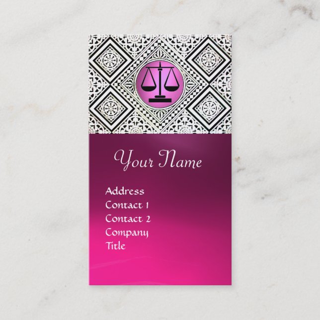 LEGAL OFFICE, ATTORNEY PINK BLACK WHITE DAMASK BUSINESS CARD (Front)