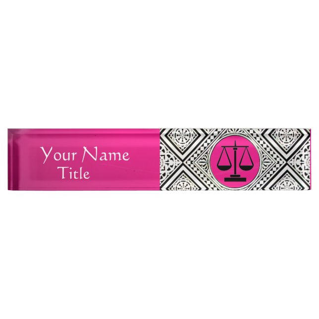 LEGAL OFFICE, ATTORNEY PINK FUCHSIA WHITE DAMASK NAMEPLATE (Front)