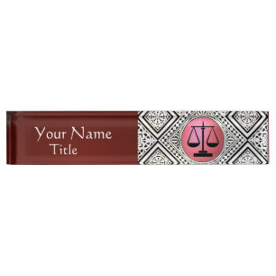 LEGAL OFFICE, ATTORNEY RED PINK WHITE DAMASK NAME PLATE