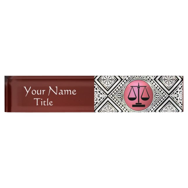 LEGAL OFFICE, ATTORNEY RED PINK WHITE DAMASK NAME PLATE (Front)