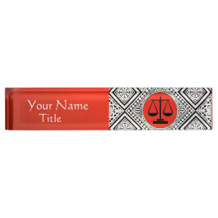 LEGAL OFFICE, ATTORNEY RED WHITE DAMASK DESK NAME PLATE