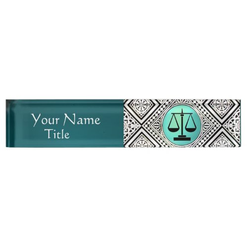 LEGAL OFFICEATTORNEY TEAL BLUE GREEN WHITE DAMASK NAMEPLATE