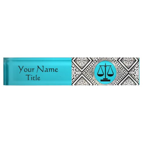 LEGAL OFFICE ATTORNEY TEAL BLUE WHITE DAMASK NAMEPLATE