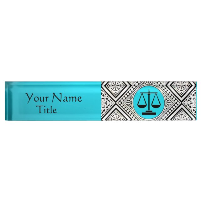 LEGAL OFFICE, ATTORNEY TEAL BLUE WHITE DAMASK NAMEPLATE (Front)