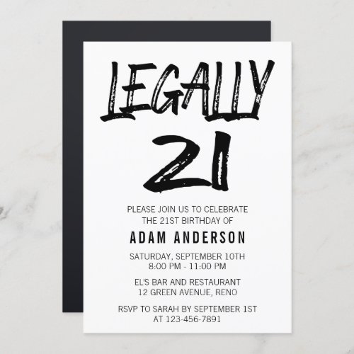 Legally 21 Modern Black And White 21st Birthday Invitation