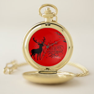 legant Christmas Reindeer Art with Holiday Wishes Pocket Watch