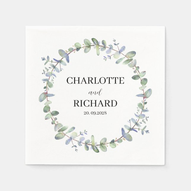 legant Eucalyptus Wreath Personalized Wedding  Napkins (Front)