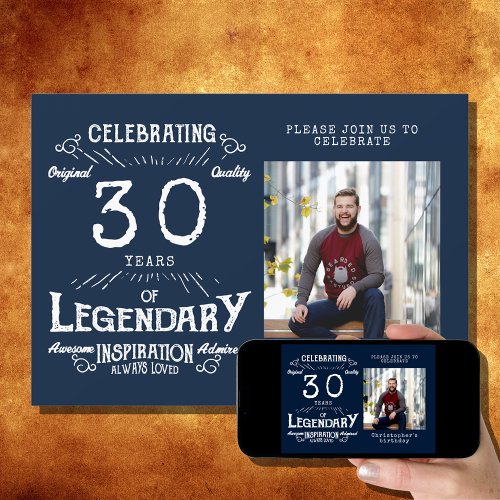 Legend 30th Birthday Photo Blue Vintage Invitation