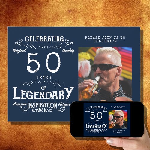 Legend 50th Birthday Photo Blue Vintage Invitation