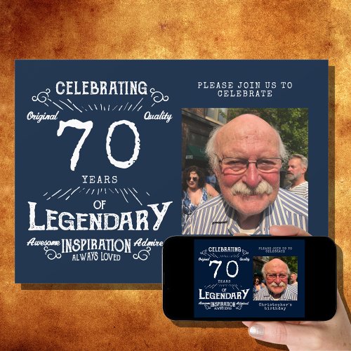 Legend 70th Birthday Photo Blue Vintage Invitation