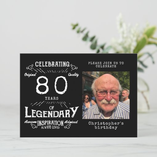 Legend 80th Birthday Photo Black Vintage Invitation | Zazzle