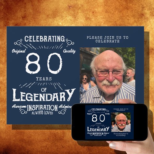 Legend 80th Birthday Photo Blue Vintage Invitation