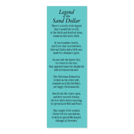 Legend of the Sand Dollar Bookmark Revised* Double-Sided Mini Business ...