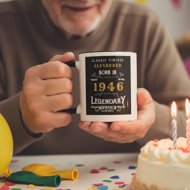 Legendary 80th Birthday Personalized 1946 Gift  Mug (Personalized 80th birthday mug in a mans hands )