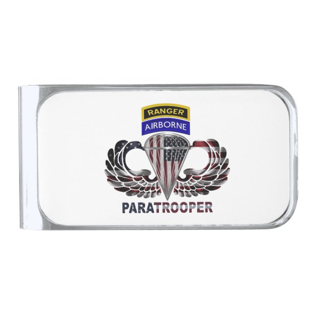 Legendary Airborne Ranger Paratrooper Silver Finish Money Clip (Front)