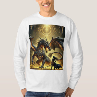 Legendary Clash: Molten Gold Dragon & Warrior T-Shirt