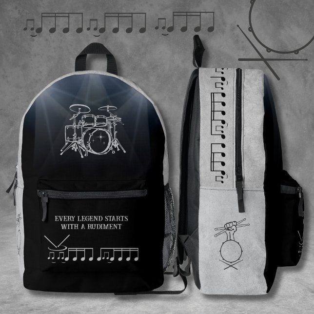 Legendary Drummer Black Gray Rudiment Music Printed Backpack (Hit the beat with a Legendary Gray and Black Drummer Rudiment Music Backpack)