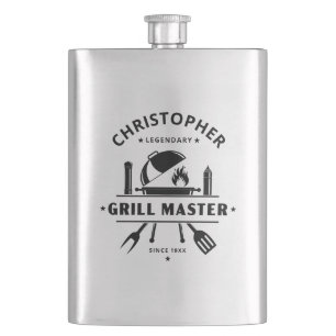 Legendary Grill Master BBQ Black Personalized Name Flask