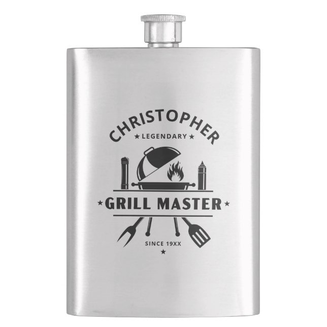 Legendary Grill Master BBQ Black Personalized Name Flask (Front)