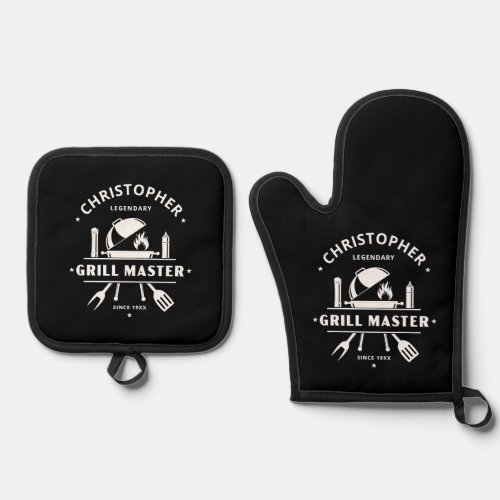 Legendary Grill Master Black & White BBQ  Oven Mitt & Pot Holder Set