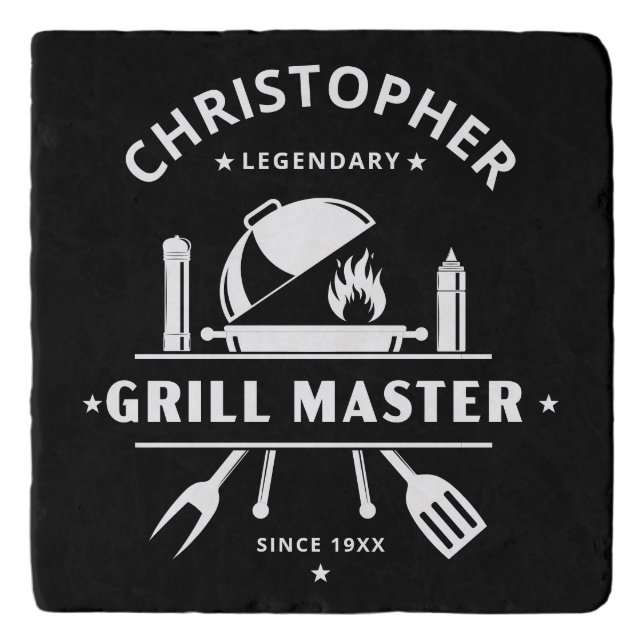 Legendary Grill Master | Custom Name Black & White Trivet (Front)
