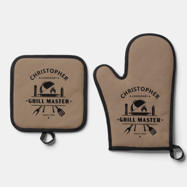 Legendary Grill Master Rustic Brown BBQ Grilling  Oven Mitt & Pot Holder Set (Front)