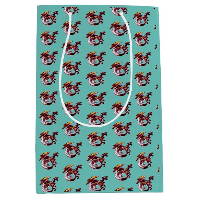 Legendary Ruby Red Dragon Teal Fantasy Design Medium Gift Bag (Front)