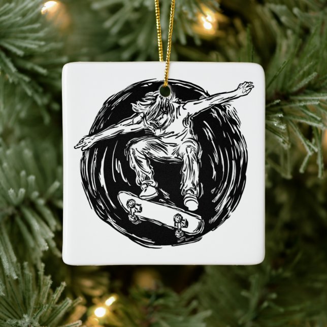 Legendary Skater Doing Mid-Air Skateboarding Ceramic Ornament (Tree)