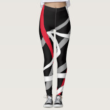 Leggings, abstract design, black, gray, red, white
