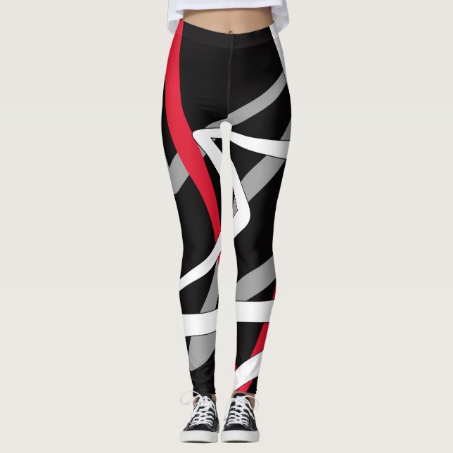 Leggings, abstract design, black, gray, red, white leggings (Front)