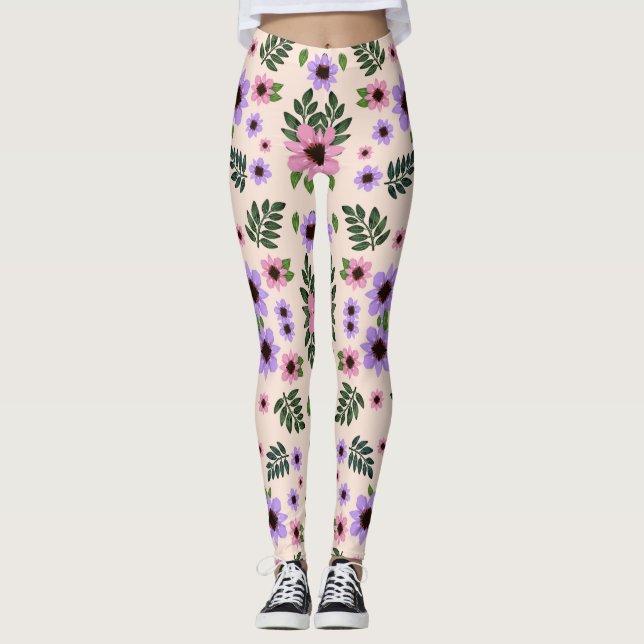 Leggings featuring a floral pattern with pink  (Front)