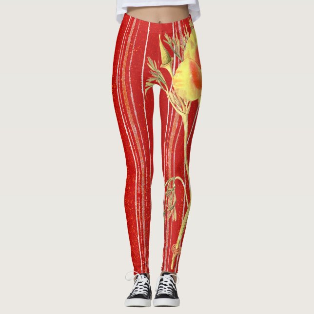 Leggings FLOWERS STRIPES POPPIES, RED STRIPED (Front)