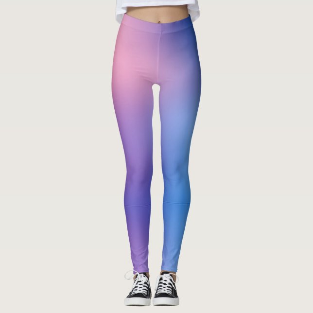 Leggings in purple/pink/blue spandex/polyester. (Front)
