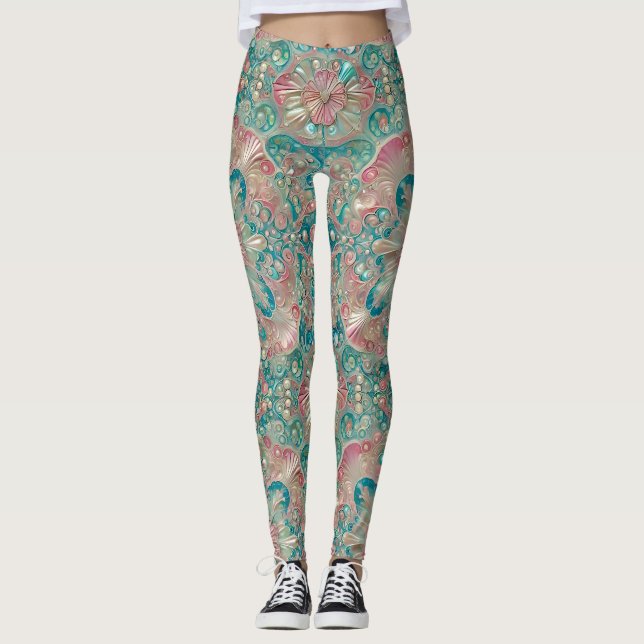 Leggings ~ Shells Turquoise Pink ~  (Front)