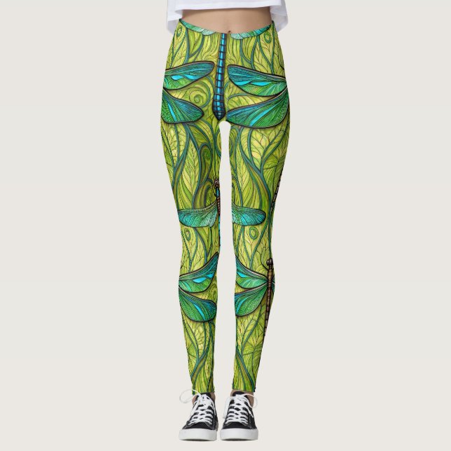 Leggings with a vibrant dragonfly pattern (Front)