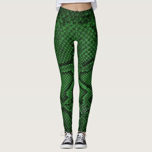 Leggings with dark green snakeskin pattern