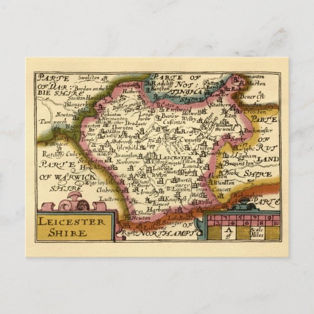 Leicestershire County England Old Antiquarian Map Postcard (Front)