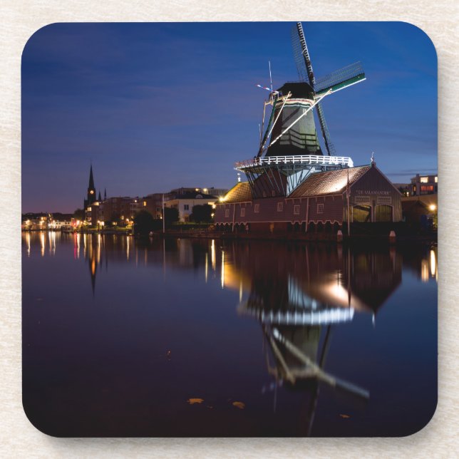 Leidschendam windmill with reflection at night beverage coaster (Front)