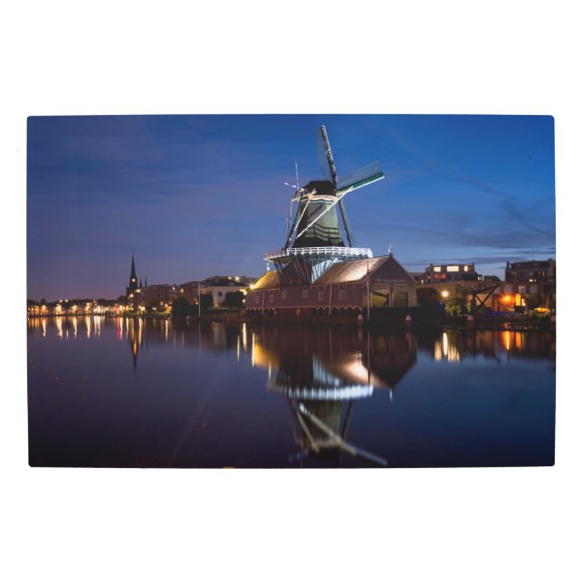 Leidschendam windmill with reflection at night metal print (Front)