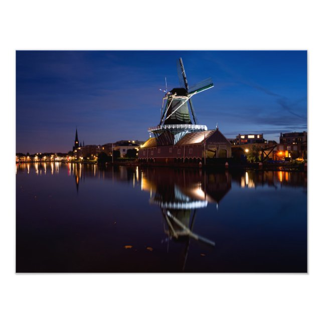 Leidschendam windmill with reflection at night photo print (Front)