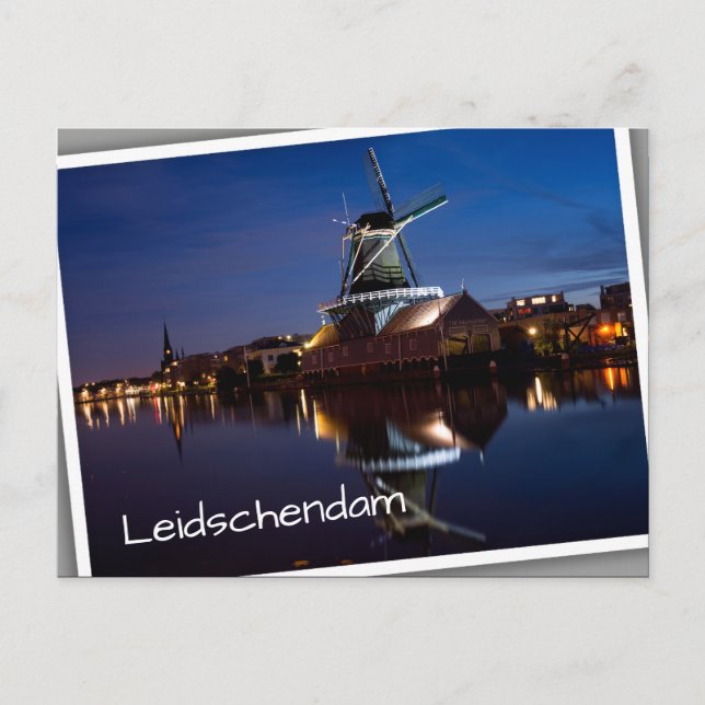 Leidschendam windmill with reflection at night postcard (Front)