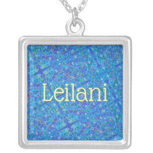 Leilani girl name blue fantasy stars background silver plated necklace