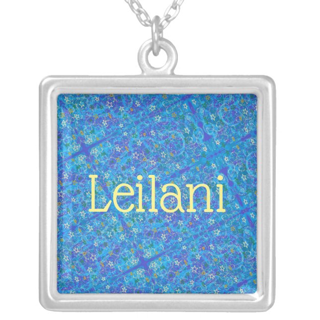 Leilani girl name blue fantasy stars background silver plated necklace (Front)