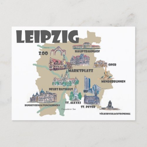 Leipzig Germany _ Retro Map with Attractions  Postcard