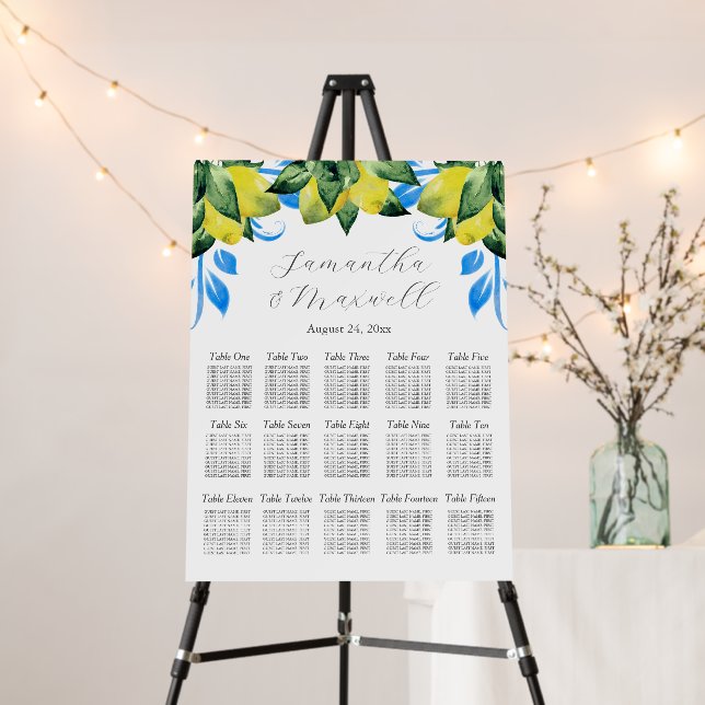 Lemmon Wedding Seating Chart Elegant Blue & Yellow Foam Board (In Situ (Stand))