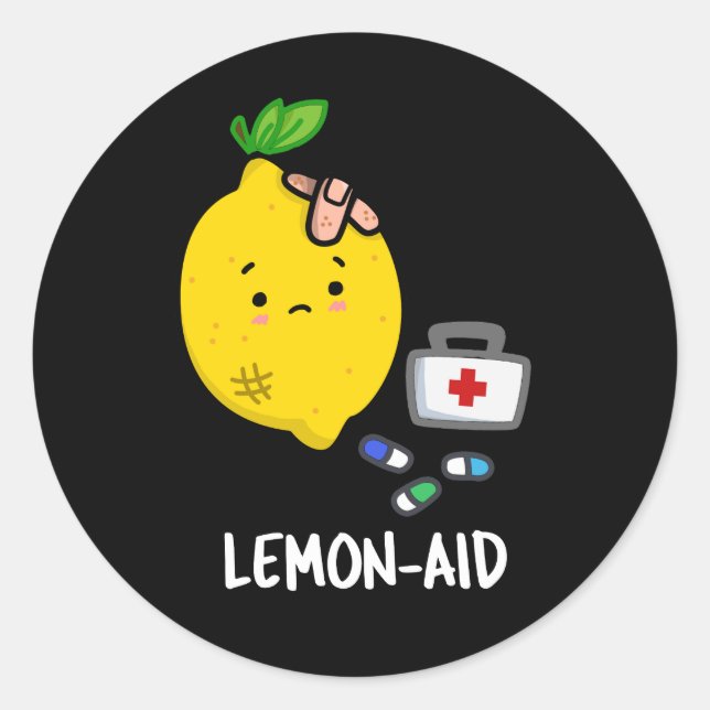 Lemon-aid Funny First Aid Lemon Pun Dark BG Classic Round Sticker (Front)